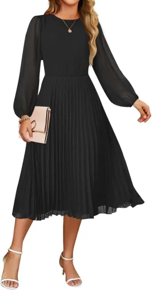 ZESICA Women's Fall Long Sleeve Dresses 2025 Casual Crewneck Chiffon Swing Pleated A Line Cocktail Party Midi Dress